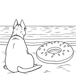 A black and white coloring page illustration featuring a dog sitting on the sandy beach, facing the calm sea