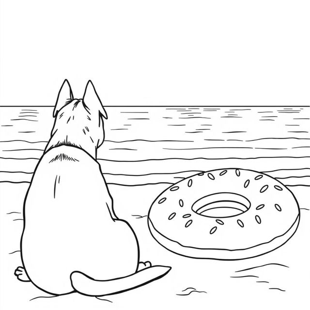 A black and white coloring page illustration featuring a dog sitting on the sandy beach, facing the calm sea
