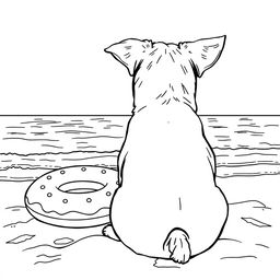 A black and white coloring page illustration featuring a dog sitting on the sandy beach, facing the calm sea