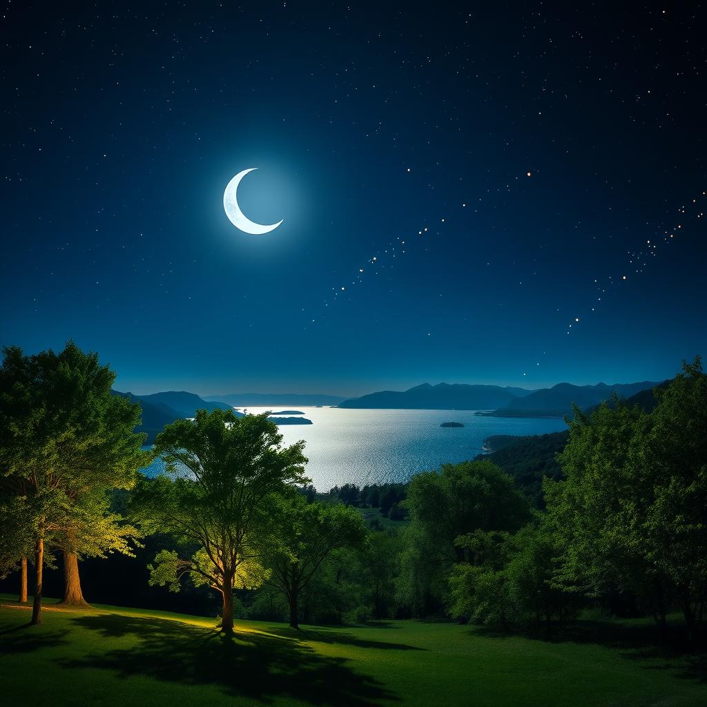 A transformed photo depicting a serene landscape scene under a starry night sky