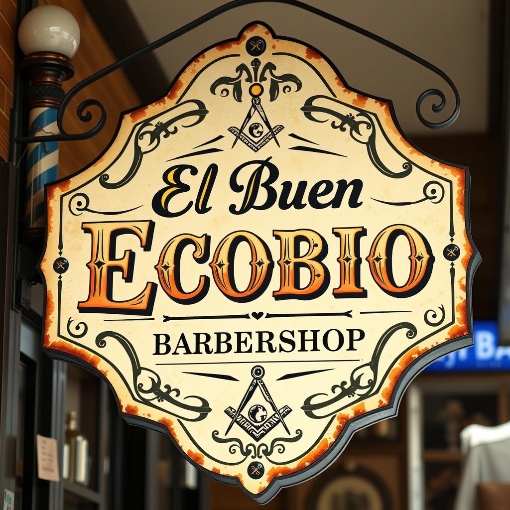 A vintage-style signboard for a barbershop named 'El Buen Ecobio'