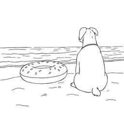 A black and white coloring page illustration depicting a dog sitting on a sandy beach, facing the sea