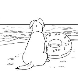 A black and white coloring page illustration depicting a dog sitting on a sandy beach, facing the sea