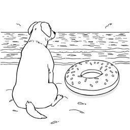 A black and white coloring page illustration depicting a dog sitting on a sandy beach, facing the sea