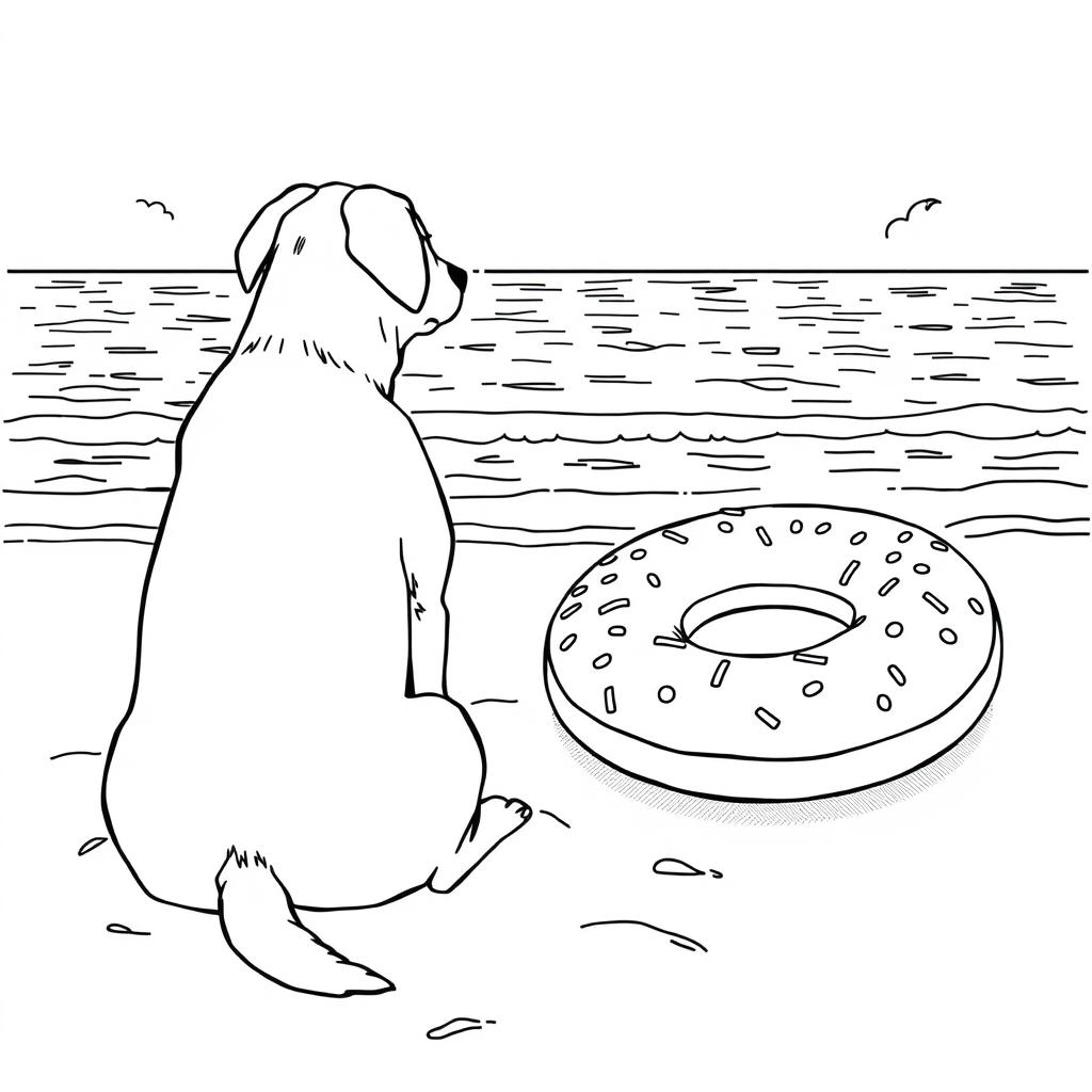 A black and white coloring page illustration depicting a dog sitting on a sandy beach, facing the sea