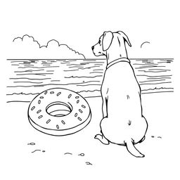 A black and white coloring page illustration depicting a dog sitting on a sandy beach, facing the sea