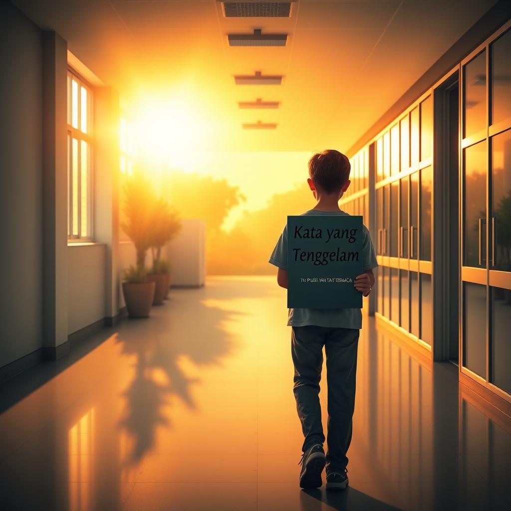 A book cover design featuring a school hallway as the background