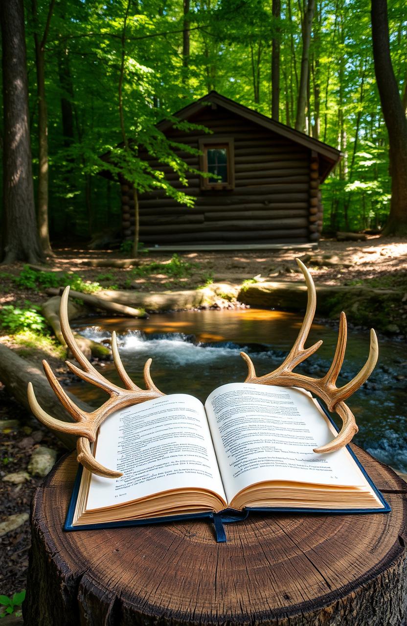 A cozy cabin nestled in a serene wooded setting, surrounded by lush green trees with sunlight filtering through the leaves