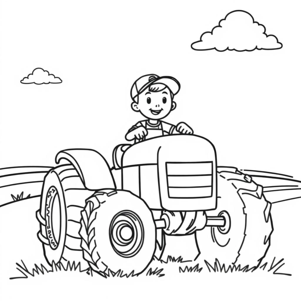 A boy driving a tractor in a simple landscape with a few clouds in the sky