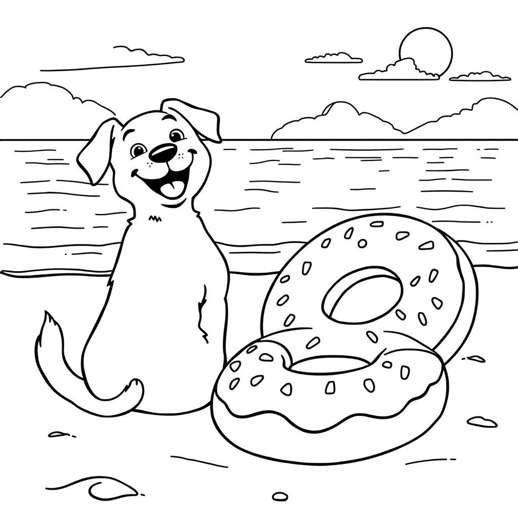 A black and white coloring page illustration of a happy dog sitting on the sandy beach, facing the sea with a joyful expression