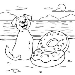 A black and white coloring page illustration of a happy dog sitting on the sandy beach, facing the sea with a joyful expression