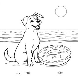 A black and white coloring page illustration of a happy dog sitting on the sandy beach, facing the sea with a joyful expression