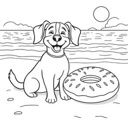 A black and white coloring page illustration of a happy dog sitting on the sandy beach, facing the sea with a joyful expression