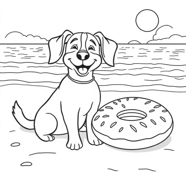 A black and white coloring page illustration of a happy dog sitting on the sandy beach, facing the sea with a joyful expression