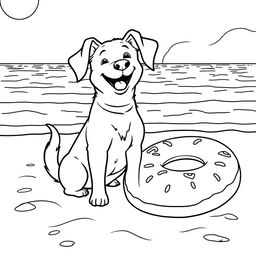 A black and white coloring page illustration of a happy dog sitting on the sandy beach, facing the sea with a joyful expression