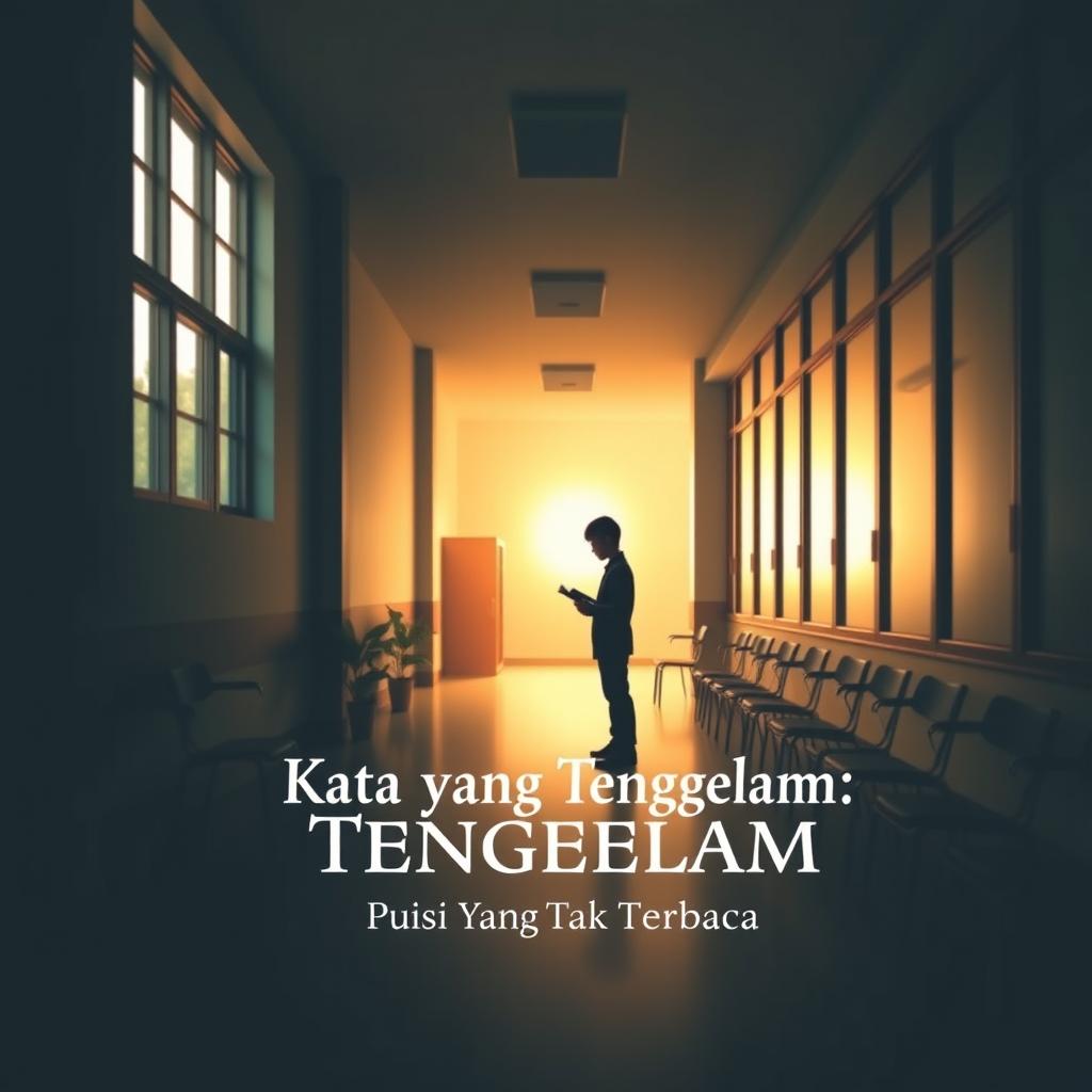 A book cover design featuring a school hallway with large glass windows of a classroom on the right side, below which are several plants and chairs