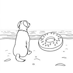A black and white coloring page illustration of a dog sitting on the sandy beach, facing and admiring the sea