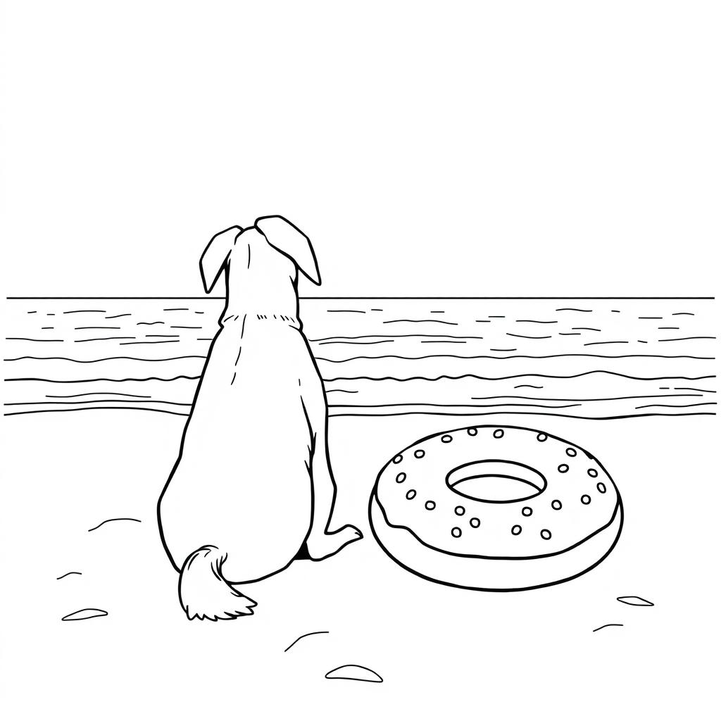 A black and white coloring page illustration of a dog sitting on the sandy beach, facing and admiring the sea