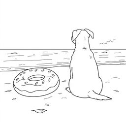 A black and white coloring page illustration of a dog sitting on the sandy beach, facing and admiring the sea
