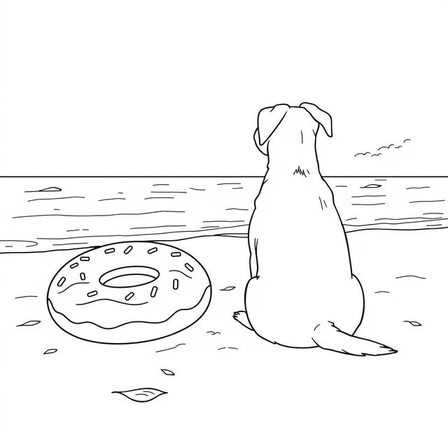 A black and white coloring page illustration of a dog sitting on the sandy beach, facing and admiring the sea