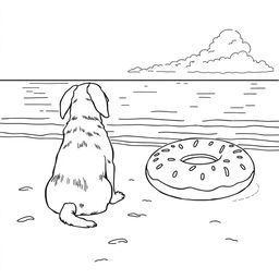 A black and white coloring page illustration of a dog sitting on the sandy beach, facing and admiring the sea
