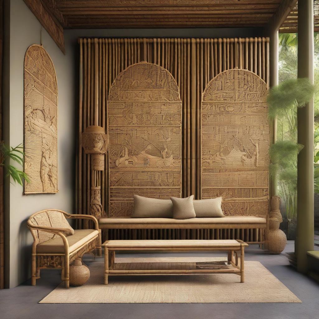 Visualization of bamboo and rattan benches arranged in an artisanal setting, tastefully adorned with Wayang Kulit, traditional Indonesian shadow puppets, showcasing a mix of natural textures and cultural elements.