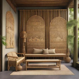 Visualization of bamboo and rattan benches arranged in an artisanal setting, tastefully adorned with Wayang Kulit, traditional Indonesian shadow puppets, showcasing a mix of natural textures and cultural elements.