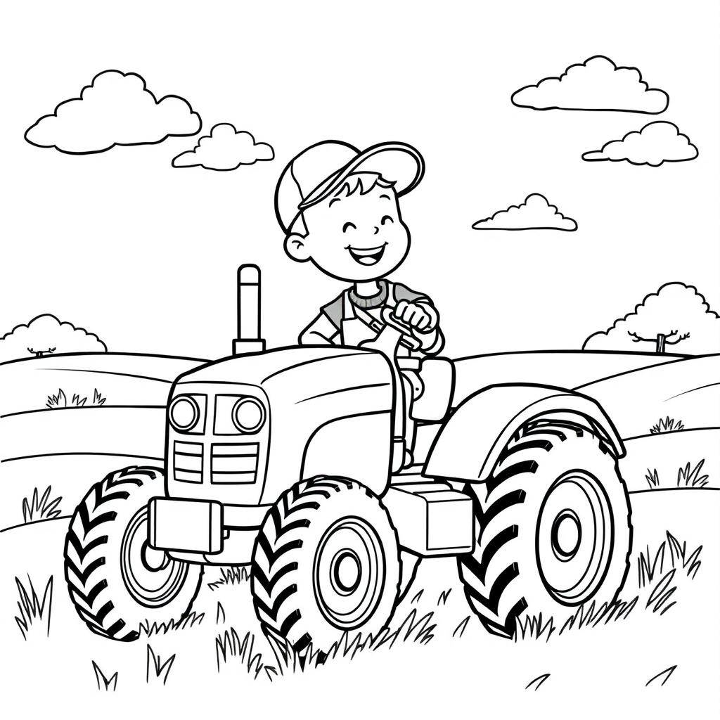 A boy driving a tractor in a simple landscape with some clouds in the sky