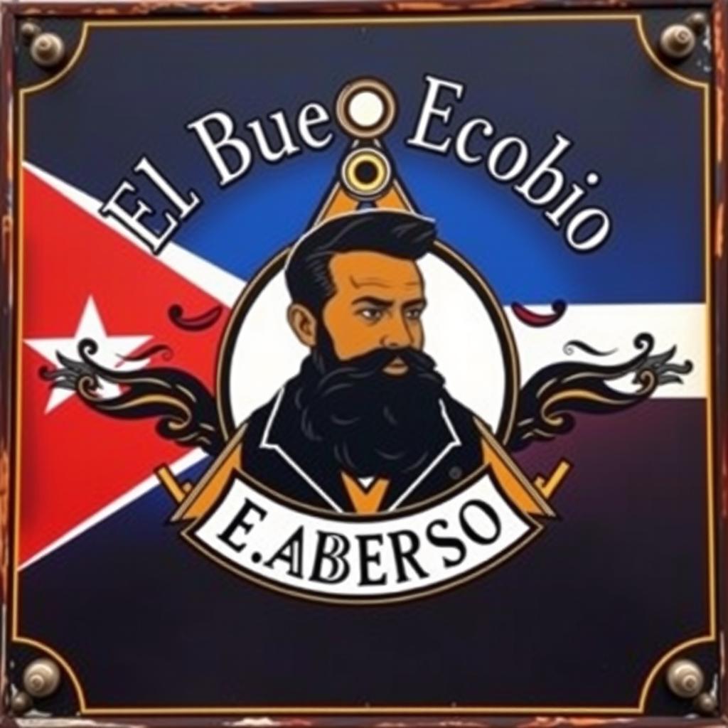 A vintage style sign board for a barbershop named "El Buen Ecobio" featuring Masonic symbols integrated into the design