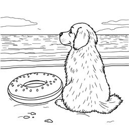 A black and white coloring page illustration of a golden retriever dog sitting on the sandy beach, facing and admiring the sea with a serene expression