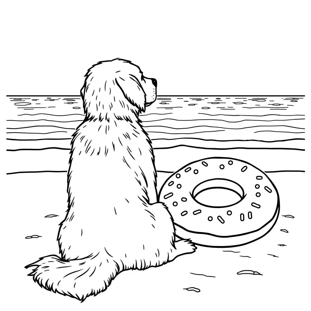 A black and white coloring page illustration of a golden retriever dog sitting on the sandy beach, facing and admiring the sea with a serene expression