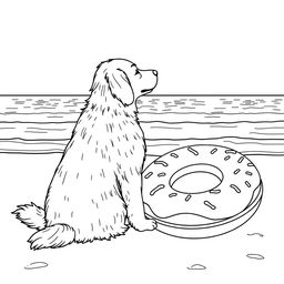 A black and white coloring page illustration of a golden retriever dog sitting on the sandy beach, facing and admiring the sea with a serene expression