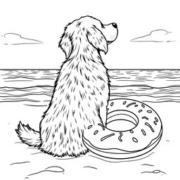 A black and white coloring page illustration of a golden retriever dog sitting on the sandy beach, facing and admiring the sea with a serene expression