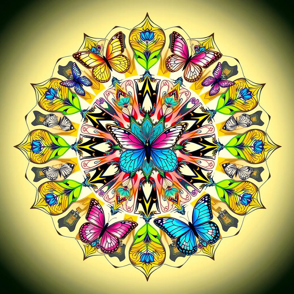 An intricate and beautiful mandala featuring various butterfly designs