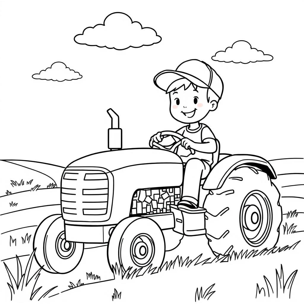 A boy driving a tractor in a simple landscape with a few clouds in the sky