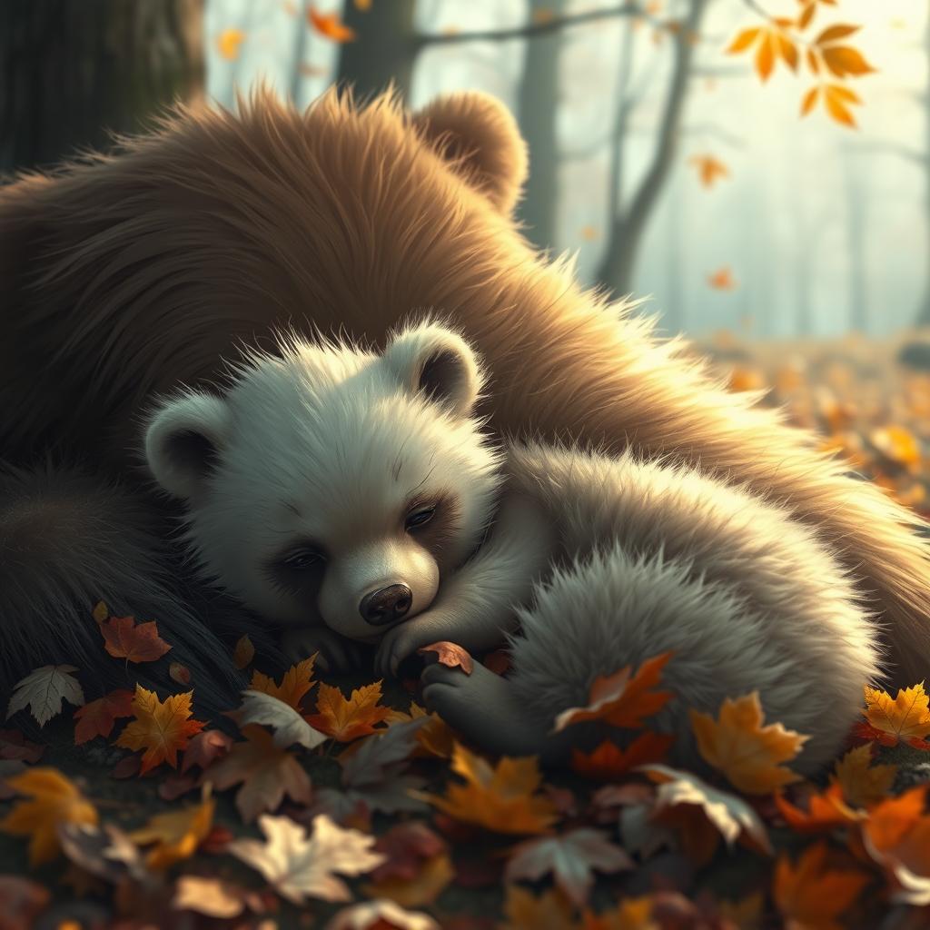 A poignant scene depicting a small bear with a soft, fluffy coat, curled up next to its motionless mother lying on the ground, surrounded by a blanket of colorful autumn leaves