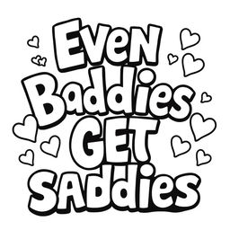 A black and white coloring page featuring the playful and humorous text saying "Even Baddies Get Saddies" in a fun, stylized font