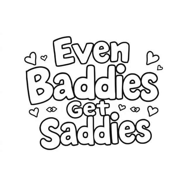 A black and white coloring page featuring the playful and humorous text saying "Even Baddies Get Saddies" in a fun, stylized font