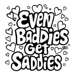 A black and white coloring page featuring the text "Even Baddies Get Saddies" in a bold and playful font