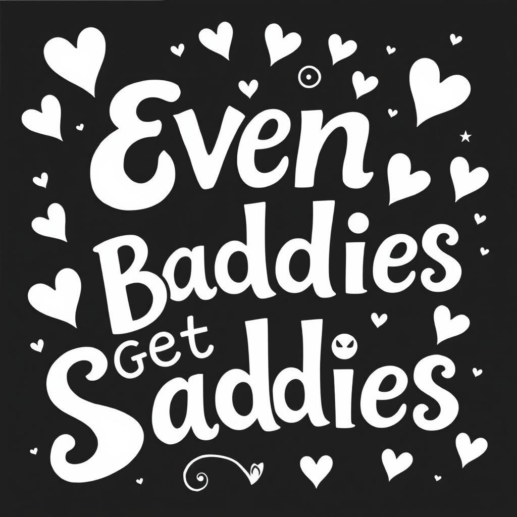 A black and white coloring page featuring the text "Even Baddies Get Saddies" in a bold and playful font