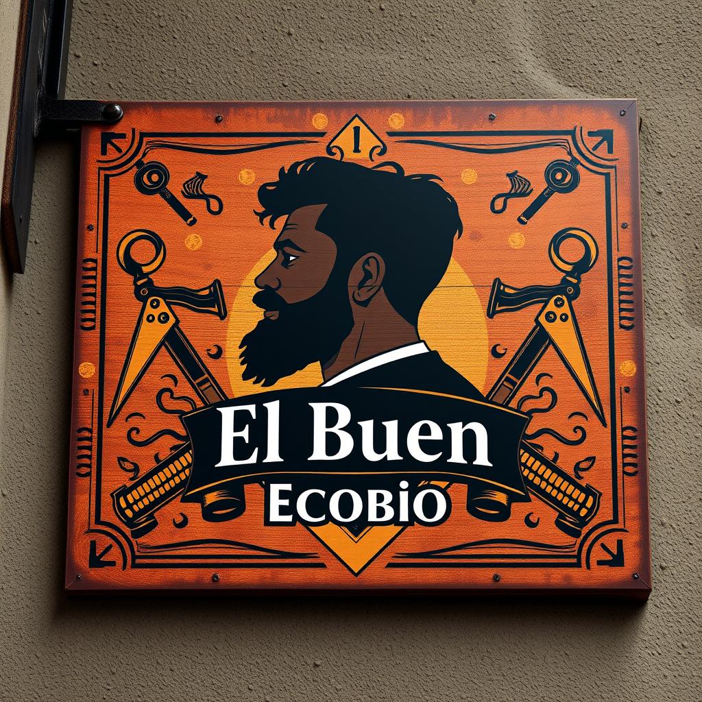 A rectangular sign board design for a barbershop named 'El Buen Ecobio', featuring vintage style aesthetics combined with freemasonry symbols