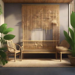 Visualization of bamboo and rattan benches arranged in an artisanal setting, tastefully adorned with Wayang Kulit, traditional Indonesian shadow puppets, showcasing a mix of natural textures and cultural elements.