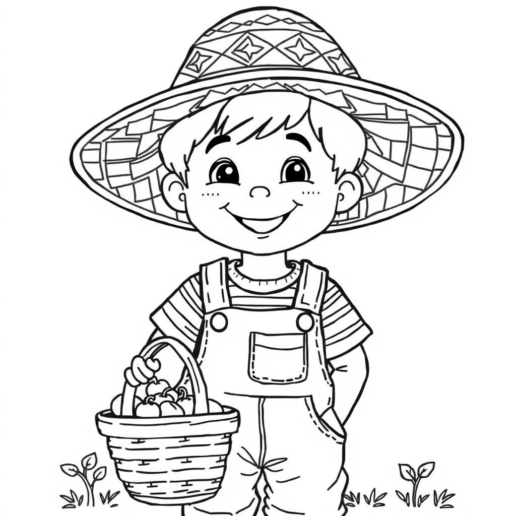 A smiling boy wearing a large hat with geometric patterns