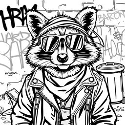 A black and white coloring page featuring a badass raccoon with a confident and rebellious expression