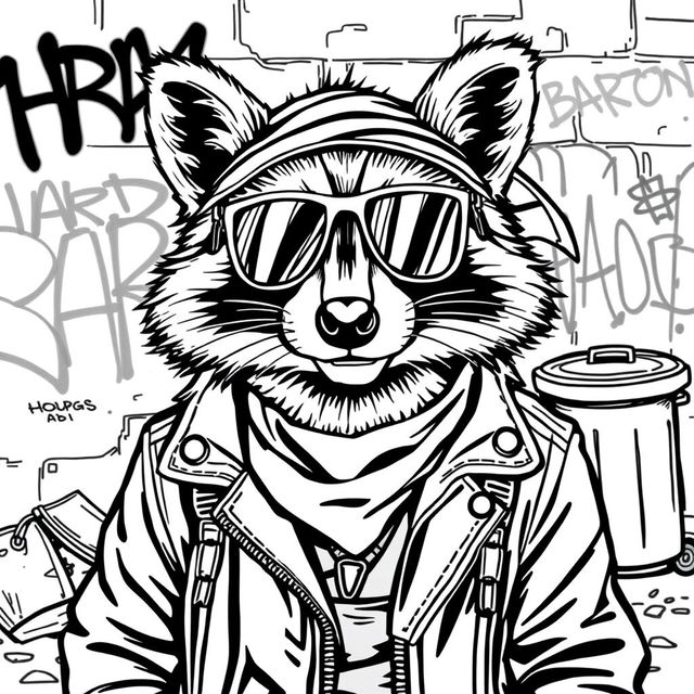 A black and white coloring page featuring a badass raccoon with a confident and rebellious expression