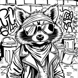 A black and white coloring page featuring a badass raccoon with a confident and rebellious expression