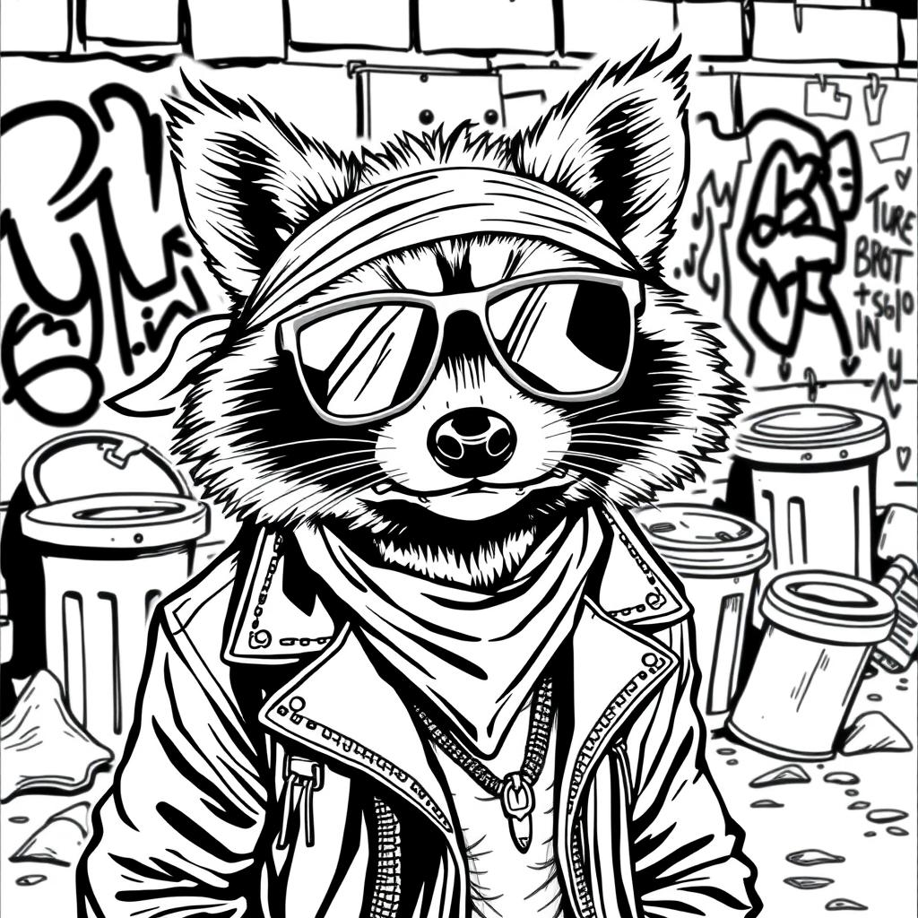 A black and white coloring page featuring a badass raccoon with a confident and rebellious expression