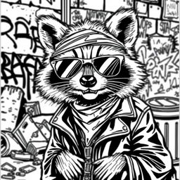 A black and white coloring page featuring a badass raccoon with a confident and rebellious expression