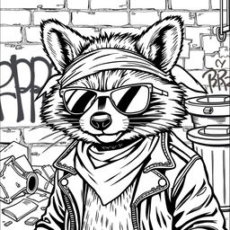 A black and white coloring page featuring a badass raccoon with a confident and rebellious expression