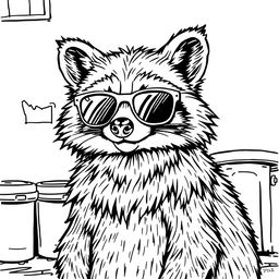 A black and white coloring page showcasing a badass, unbothered raccoon with a relaxed and confident expression
